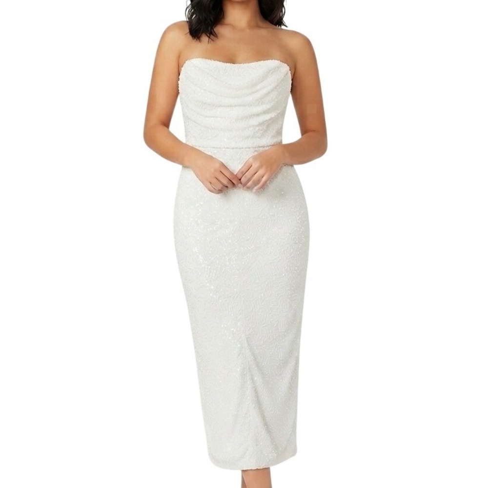 Lulus Catriona White Beaded Cowl Neck Strapless Midi Dress Size Medium
